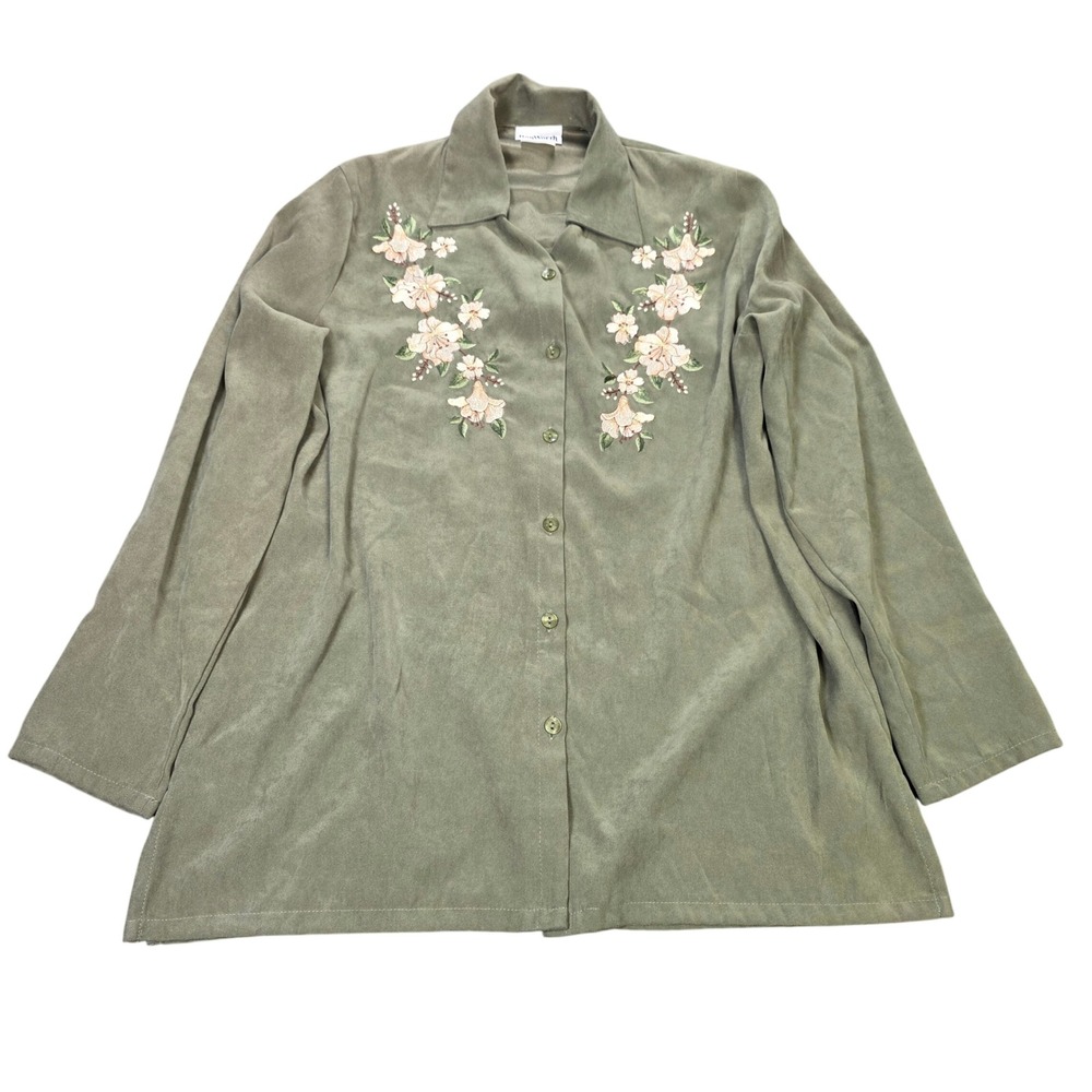 BonWorth Faux Suede Floral Embroidered Button Shirt Women's L Sage Green VTG